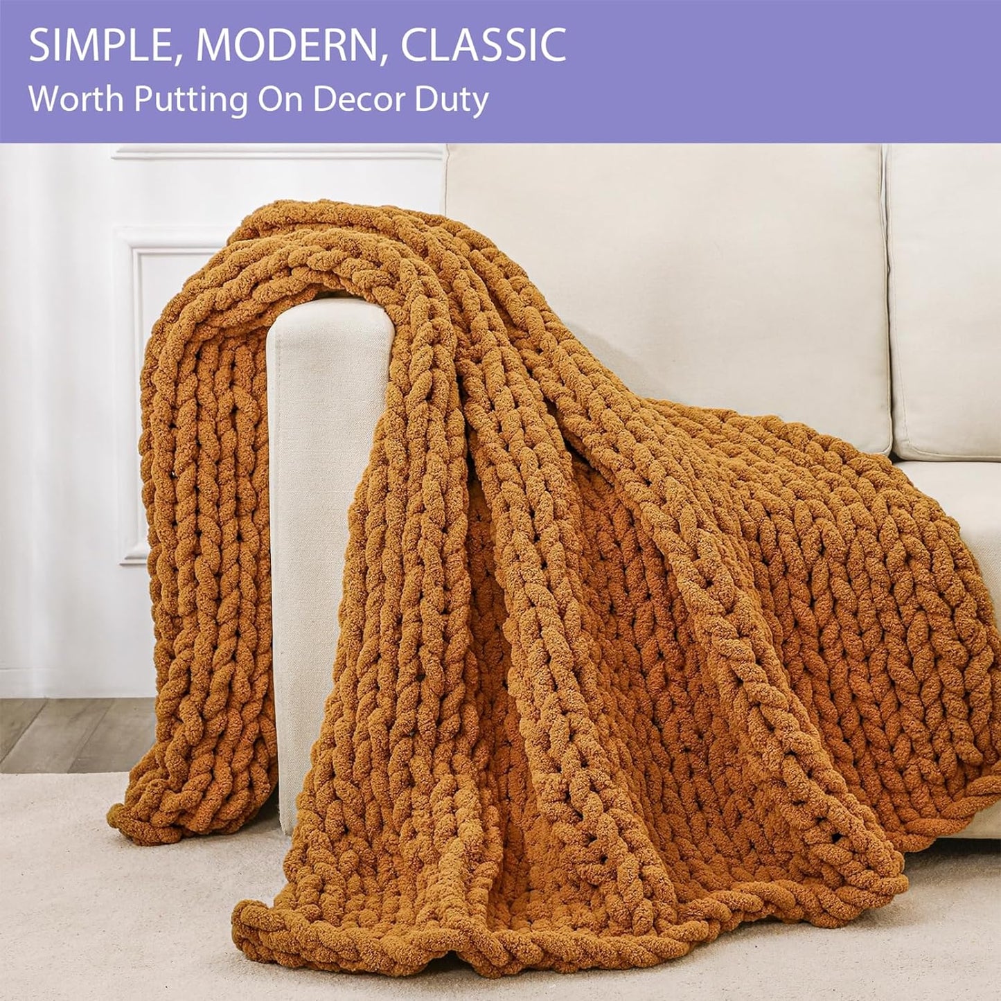 Bigacogo Chunky Knit Throw Blanket for Couch, 51x63 inches, 100% Hand Knitted with Thick Jumbo Chenille Yarn, Cozy Soft Large Rope Knot Cable Crochet Blankets for Sofa Bed Living Room, Burnt Orange