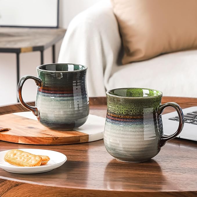 21 oz Large Ceramic Coffee Mugs, Pottery Mug Handmade, Ceramic Tea Cups with Handle for Office and Home, Dishwasher and Microwave Safe (Light Green)