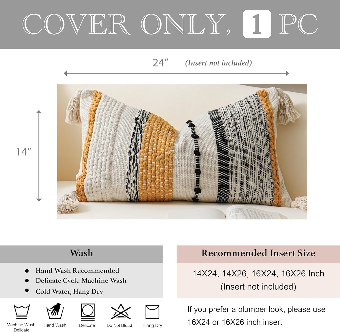 BlissBlush Fall Decorative Lumbar Throw Pillow Cover 14x24 Boho Yellow Mustard Accent Cushion for Couch Sofa Farmhouse Pillowcase for Bedroom Living Room Home Décor Cover ONLY