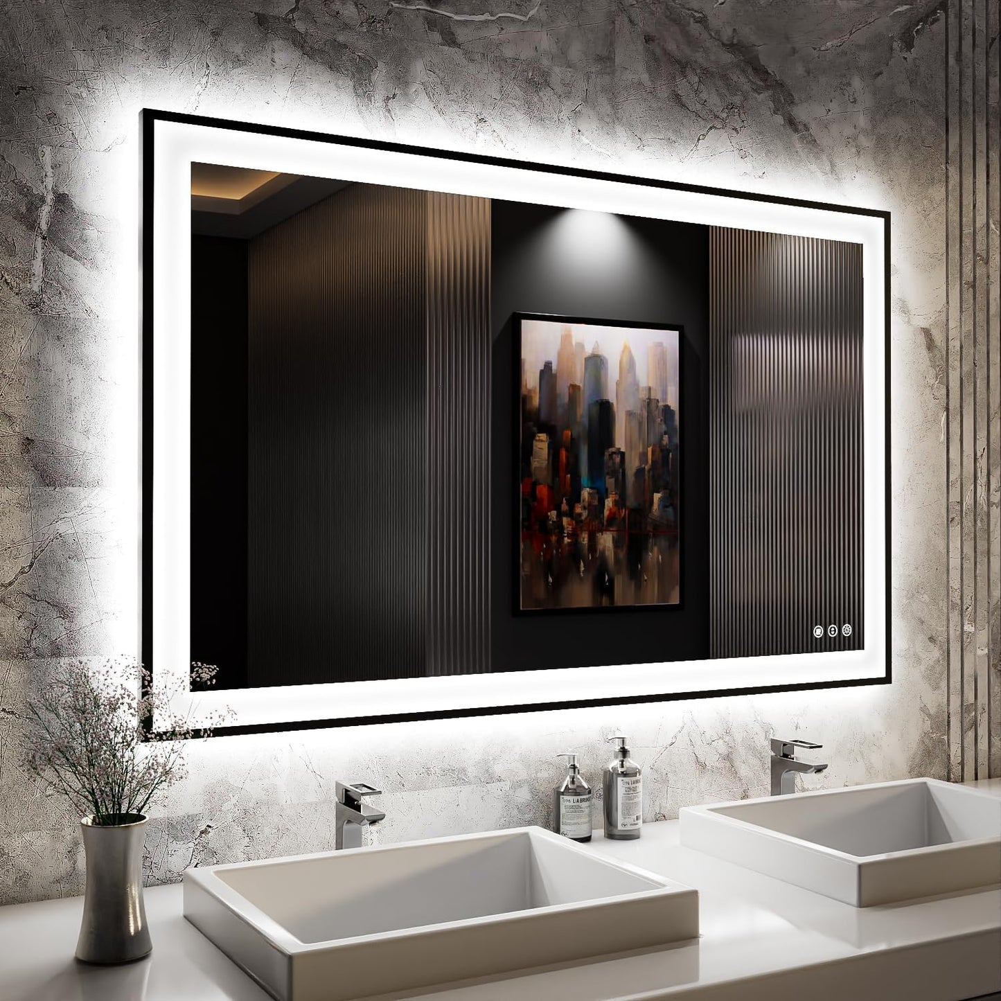 ISKM Framed LED Mirror for Bathroom 48"x30", Dimmable LED Bathroom Mirror with Lights, Anti-Fog, Front and Backlit Lighted Mirror 3-Colors, Shatterproof, Memory Function