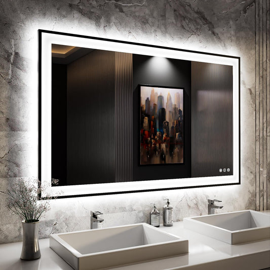ISKM Framed LED Mirror for Bathroom 48"x30", Dimmable LED Bathroom Mirror with Lights, Anti-Fog, Front and Backlit Lighted Mirror 3-Colors, Shatterproof, Memory Function