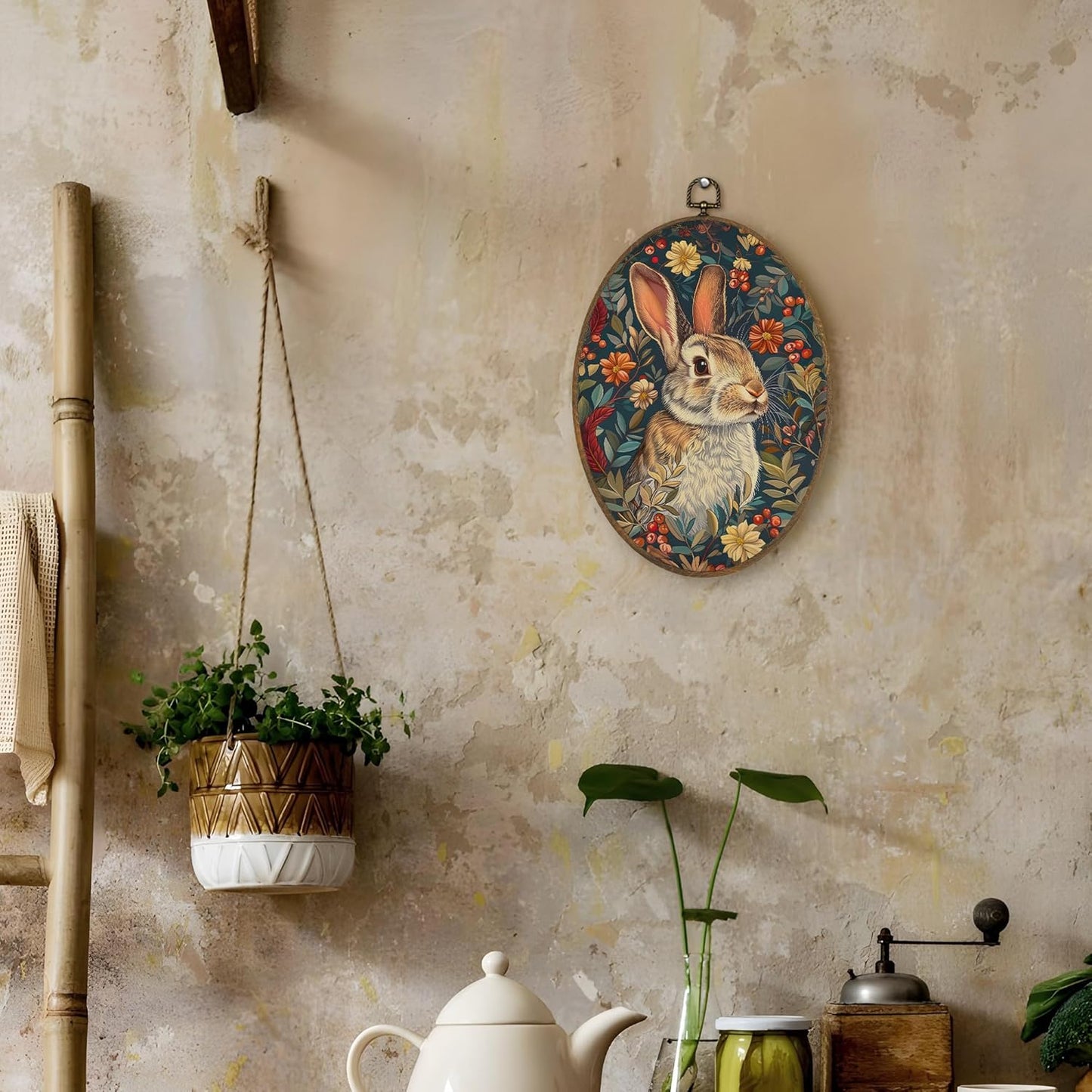 LKETW Floral Bunny Oval Wall Art Decor, Cottagecore Bunny Floral Botanical Oval Canvas Hanging Decor, Rustic Retro Rabbit Wall Decorations for Home Bedroom Living Room, 8.6x11.4 Inch