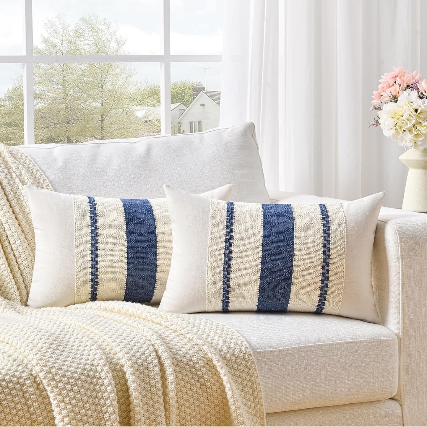 Fancy Homi Set of 1 Dusty Blue Vintage Long Lumbar Decorative Throw Pillow Covers 14x24 Inch for Couch Bed Chair Bedroom, Rustic Retro Square Cushion Case, Modern Farmhouse Boho Living Room Decor