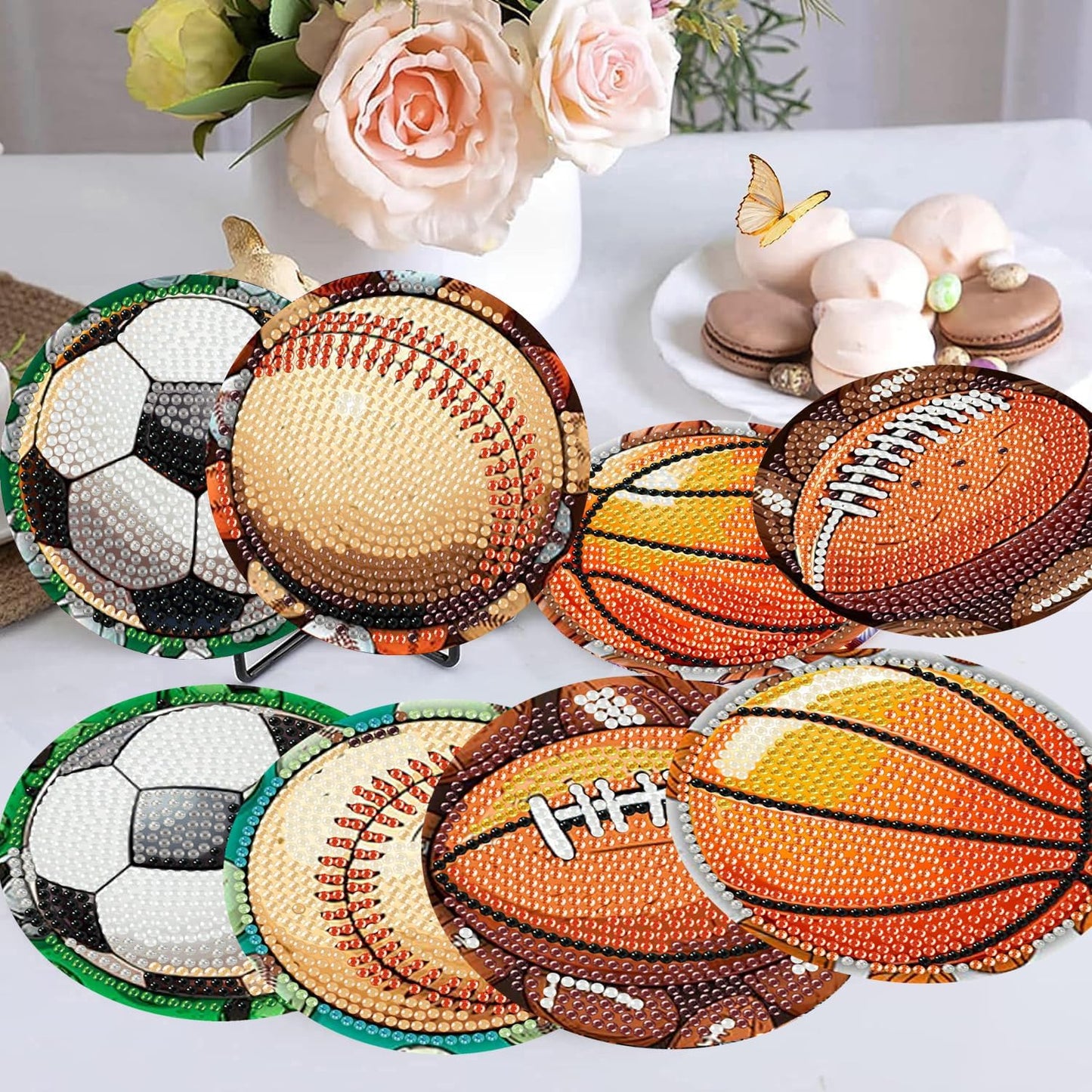 Meothan 8 Pcs Football Diamond Art Coasters Kits for Adults with Holder Cork Pads, Basketball Baseball Rugby Diamond Dots Art Painting Coasters Crafts Kit for Home Office Decor (4x4in)