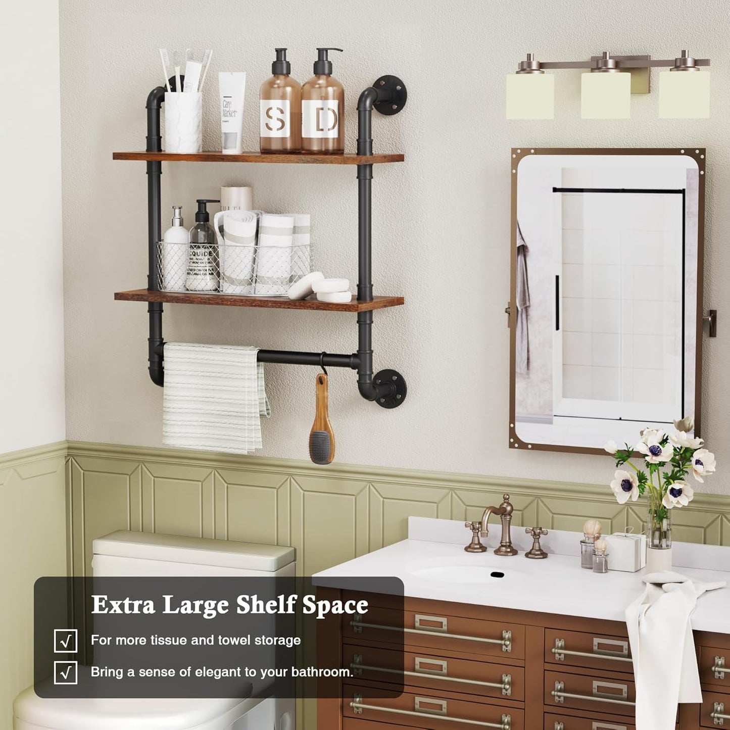 Merapi 24" Industrial Floating Shelves with Tower Bar, Pipe Shelves for Wall, 2 Tier Rustic Wood Wall Shelves for Home Décor, Bedroom, Living Room, Bathroom…