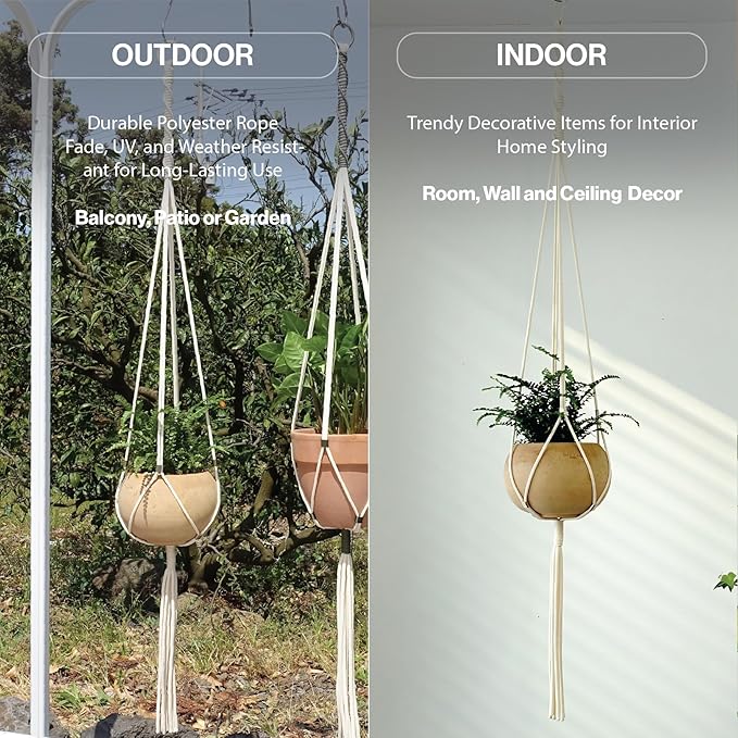 Macrame Plant Hanger Polyester Rope 42 Inch Outdoor Indoor Adjustable Hanging Planter for up to 10 Inch Plant Pot Modern Boho Home Decor (1, Ivory/Light Gold)