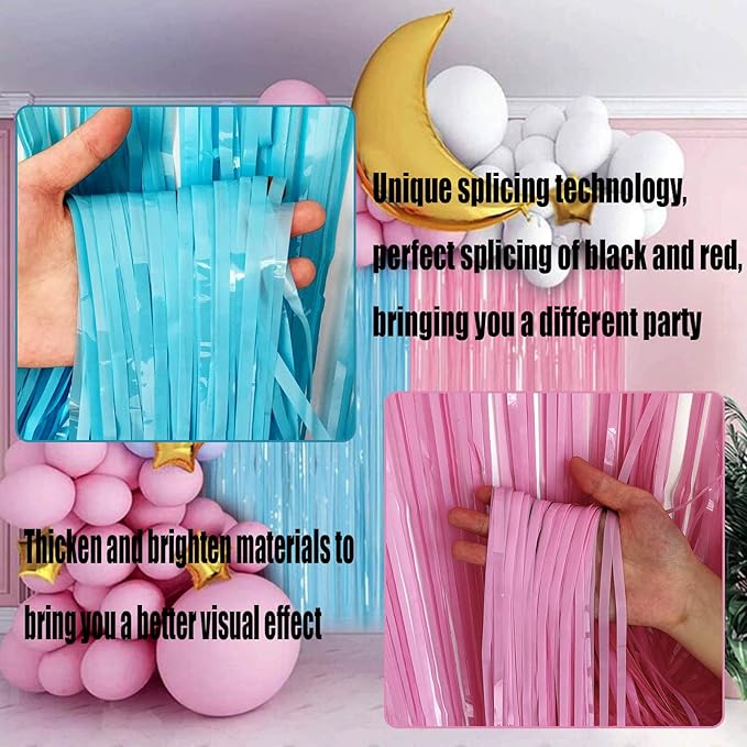 4 Pack Macaron Pink Blue Foil Fringe Curtain Backdrop, 3.28Ft x 9.8Ft Metallic Tinsel Foil Fringe Streamers for Photo Booth, Wedding Gender Reveal Backdrop Boy or Girl Birthday Party Decoration