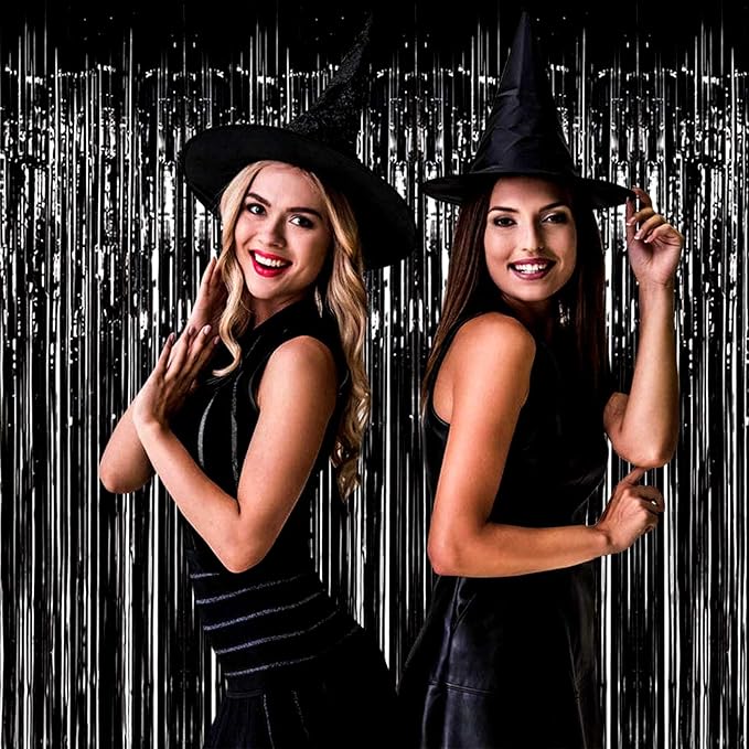 4 Pack Black Foil Fringe Curtain Backdrop, 3.28Ftx9.84Ft Metallic Tinsel Foil Fringe Streamers Curtains for Party, Photo Booth Props, Birthday, 2022 Graduation Decoration Supplies