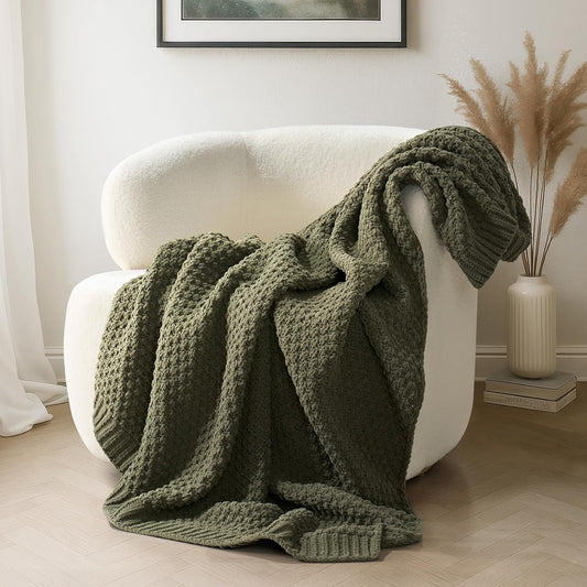 EVERGRACEHOME Chunky Chenille Knit Throw Blanket for Couch, Soft Luxurious Moss Stitch Blankets for Bed, Cozy Decorative Farmhouse Knitted Throws for Sofa, Olive Green, 50" x 60"