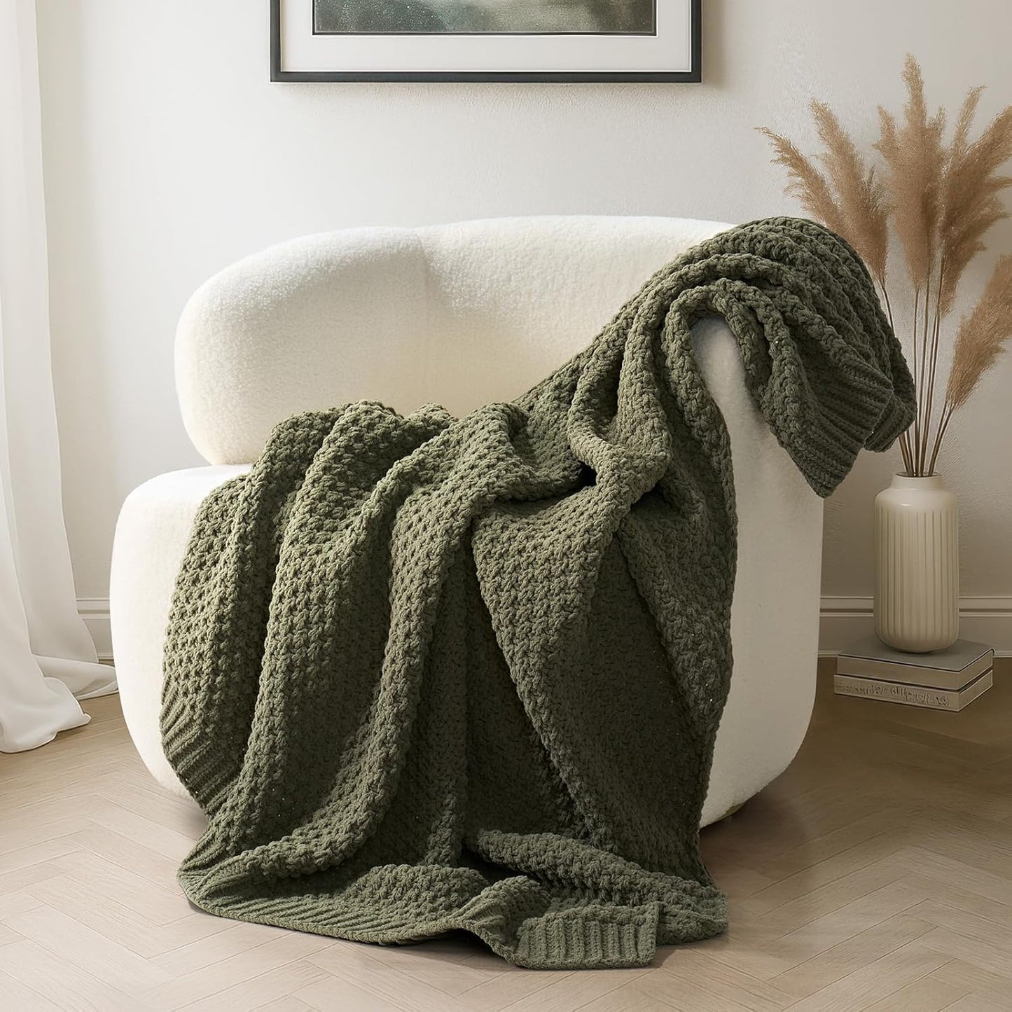 EVERGRACEHOME Chunky Chenille Knit Throw Blanket for Couch, Soft Luxurious Moss Stitch Blankets for Bed, Cozy Decorative Farmhouse Knitted Throws for Sofa, Olive Green, 60" x 80"