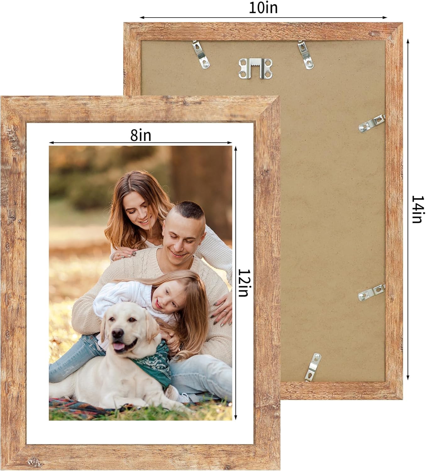 iRahmen 10x14 Picture Frame Set of 2 with Tempered Glass, Rustic Brown Wood Frames Display 8x12 Picture with Mat or 10 x 14 Without Mat for Horizontal or Vertical Wall Mounting