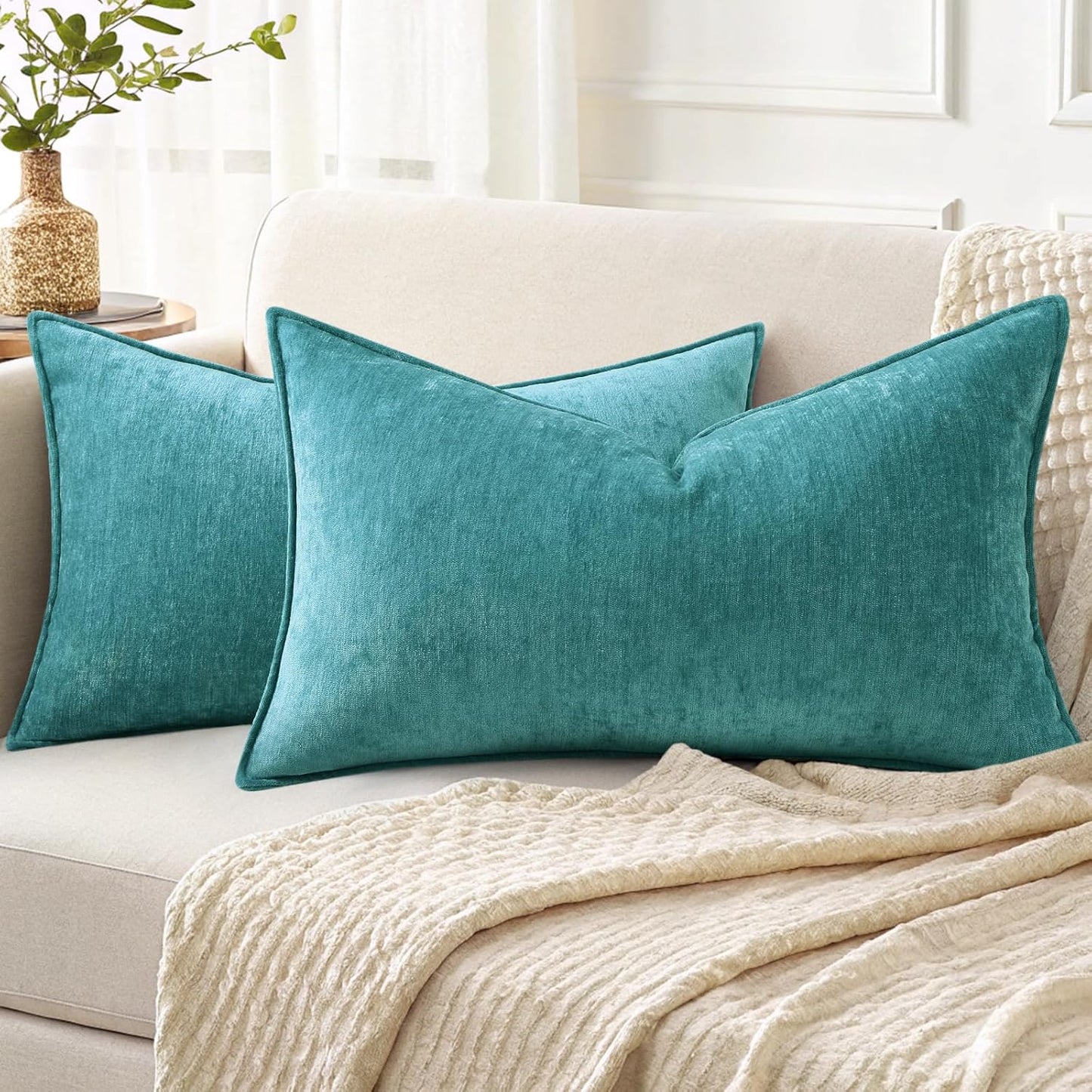 decorUhome Couch Throw Pillow Covers 12x20 Set of 2, Decorative Soft Euro Neutral Chenille Lumbar Pillow Covers with Elegant Design for Sofa Bed Living Room Home Decor, Teal