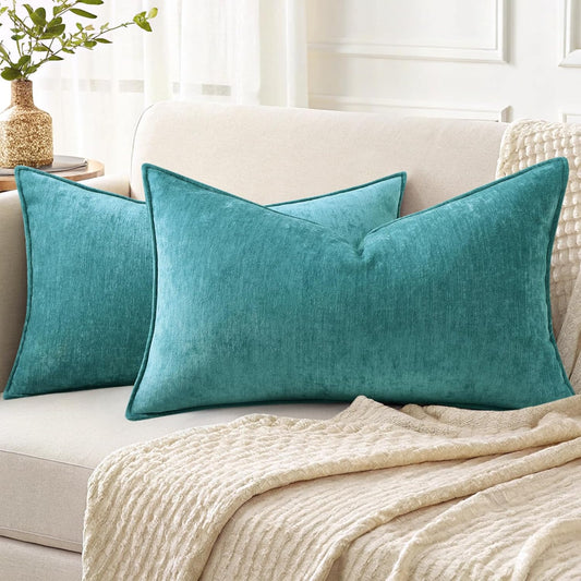 decorUhome Couch Throw Pillow Covers 12x20 Set of 2, Decorative Soft Euro Neutral Chenille Lumbar Pillow Covers with Elegant Design for Sofa Bed Living Room Home Decor, Teal
