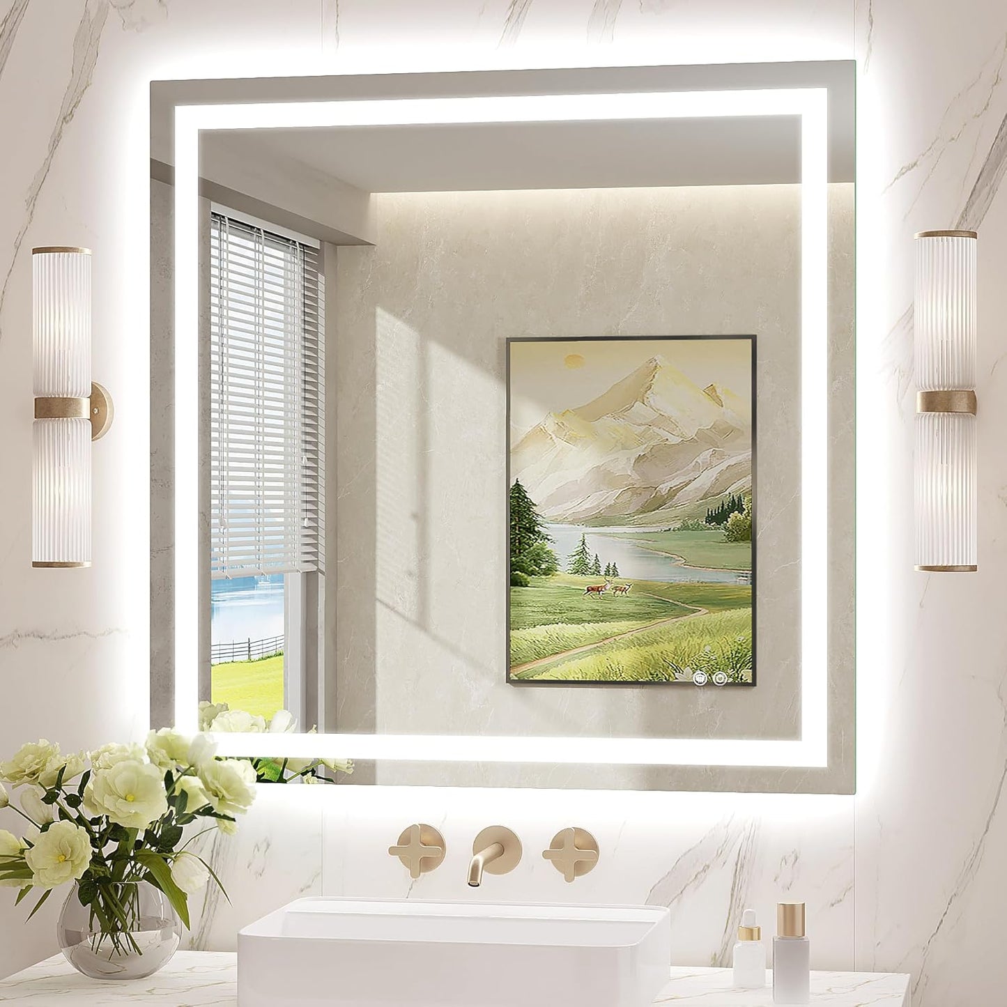 LED Mirror for Bathroom 36x36 Lighted Bathroom Vanity Mirrors with Lights, Brighter Frontlit and Backlit Anti-Fog Mirror, Tempered Glass, Dimmable 3 Colors Light Modes, Memory Function