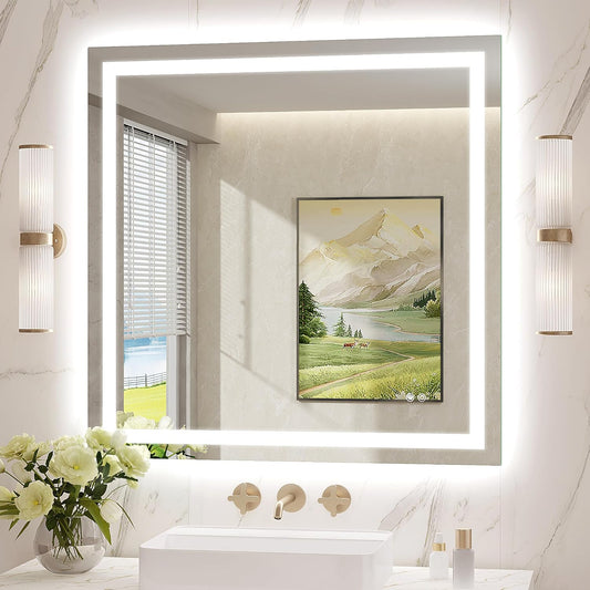 LED Mirror for Bathroom 36x36 Lighted Bathroom Vanity Mirrors with Lights, Brighter Frontlit and Backlit Anti-Fog Mirror, Tempered Glass, Dimmable 3 Colors Light Modes, Memory Function