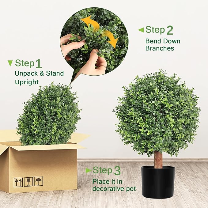 24 Inch Artificial Topiary Boxwood Ball Trees Outdoor – Set of 2 UV Resistant Faux Boxwood Topiary, Fake Potted Shrubs Evergreen for Front Door Porch Patio Balcony Home Decoration