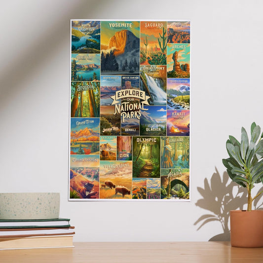 Lantern Press 12x18 Inch Art Print Wall Decor, Oil Painting National Park Series, Collage, Explore our National Parks