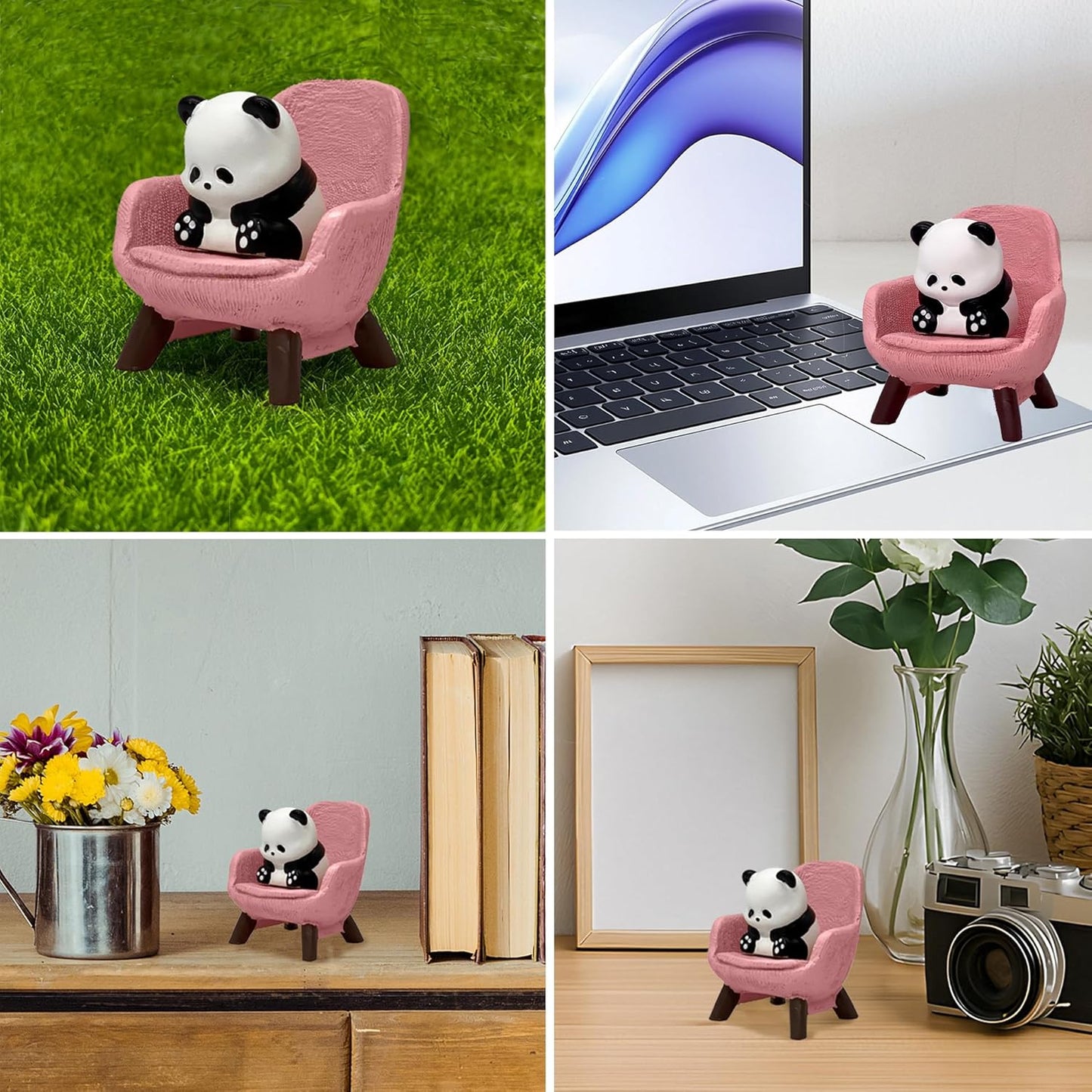 Miniature Panda Figurines Desk Decor, Pink Panda Sculpture Office Desk Accessories, Cute Mini Resin Animal Statue for Shelf and Garden Decor, Funny Gift for Panda Lovers