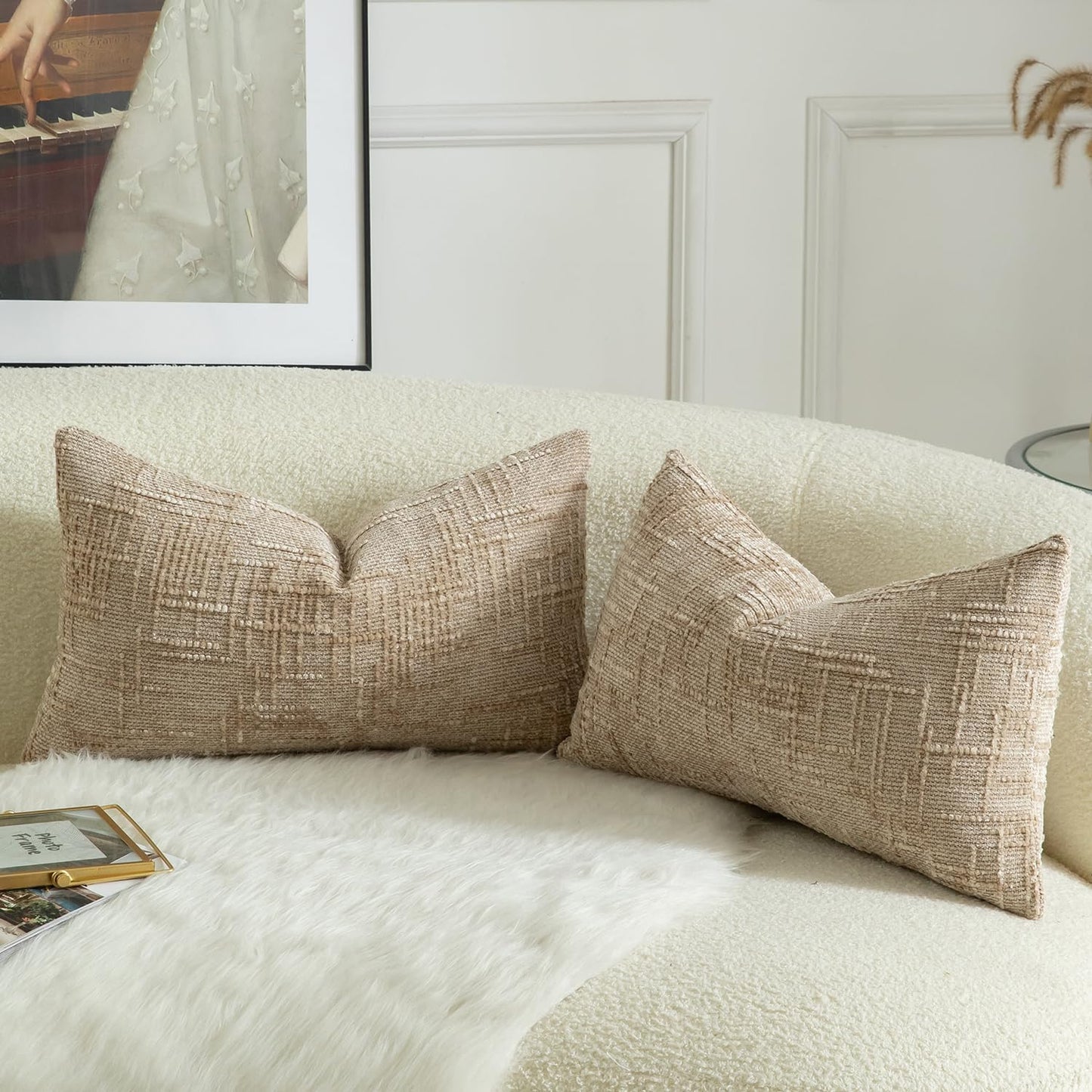 MANDIOO Pack of 2 Soft Chenille Textured Throw Pillow Covers Lumbar Accent Solid Decorative Cushion Cover Cozy Farmhouse Pillow Case for Couch Sofa Bed Living Room 16x24 Inch Camel