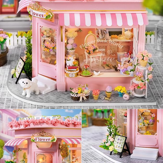 TuKIIE DIY Miniature House Kit with Furniture, 1:24 Scale Creative Room Mini Wooden Dollhouse Book Nook Plus Dust Proof & Music Movement for Kids Teens Adults(Flower Shop)