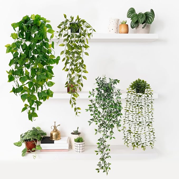 BLEUM CADE Fake Hanging Plants Mixed Set, 4pcs Artificial Hanging Plant, Faux Hanging Potted Plants Greenery for Wall Shelf Home Living Room Indoor Outdoor Decor