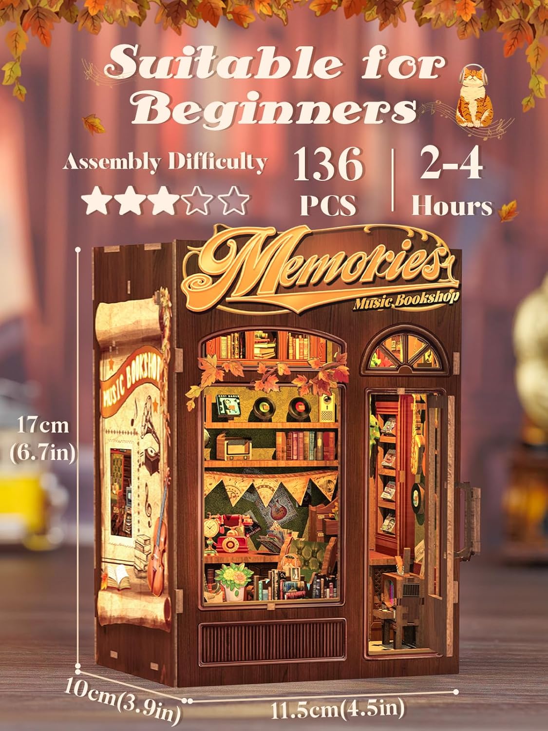 Cutefun Book Nook Kit - DIY Miniature House Kit for Bookshelf Decor, Book Nook Kits for Adults & Beginners, 3D Wooden Puzzle Dollhouse, Ideal Gift for Book Lovers (Memories Music Bookshop)