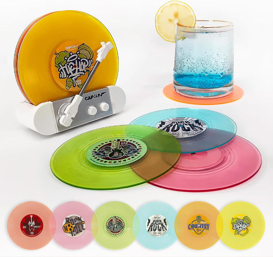 Funny Retro Vinyl Record Coasters, Creative Drink Coasters Set of 6 with Vinyl Record Player Holder for Music Lovers, Housewarming Hostess Gifts (6, V4)