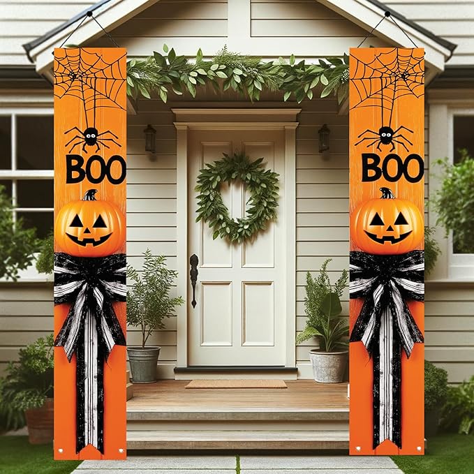 2PCS Halloween Porch Banner Boo Spider Pumpkin Signs 71 x 12 Inch Halloween Front Door Hanging Decor Outdoor Indoor Wall Decorations for Party Entryway Supplies