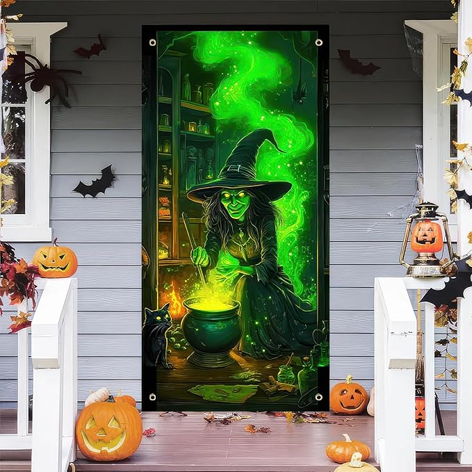 Halloween Door Cover 71x35 Inch Green Witch Black Cat Potion Room Hanging Banner Spooky Halloween Door Banner for Indoor Front Porch Wall Haunted House Party Decor
