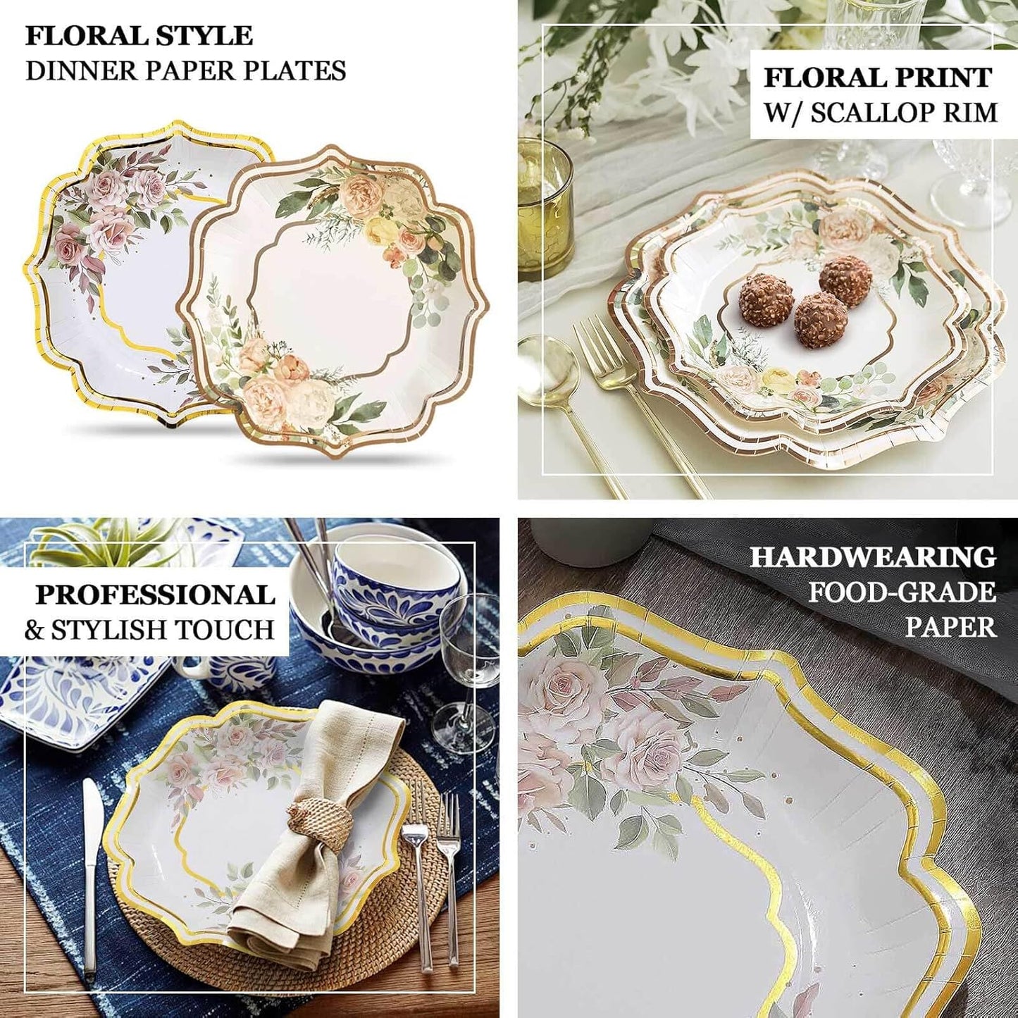 Efavormart 25 Pack | Floral 8" Scallop Rim Dessert Appetizer Party Paper Plates, Disposable Salad Plates - 300 GSM
