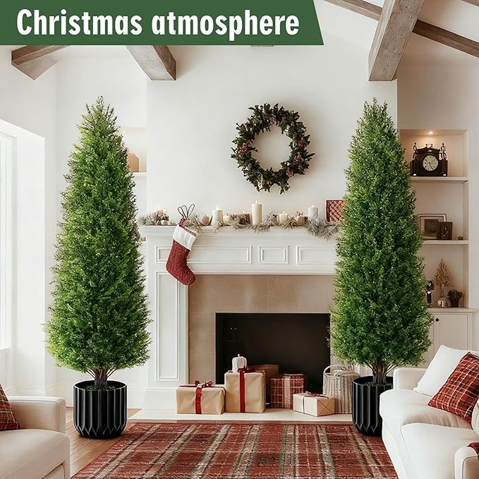 4FT Artificial Cedar Topiary Trees Set of 2, Extra Dense Foliage UV Resistant Fake Plants for Front Porch Christmas Decor, Lifelike Fake Trees Outdoor Indoor Home