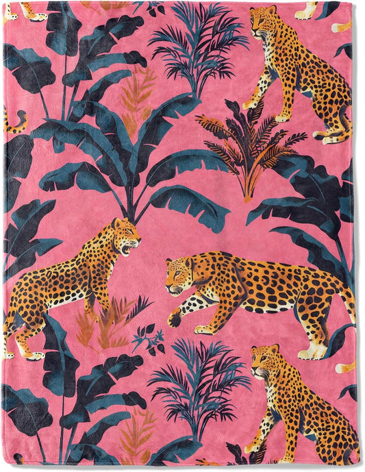 Leopard and Tropical Leaves Flannel Blanket - Lightweight Soft Cozy Unique Gifts Blankets for Jungle Lovers,Kids,Adult,Women,Vibrant Pink Art Throw,Home Room Modern Decor 50x60in