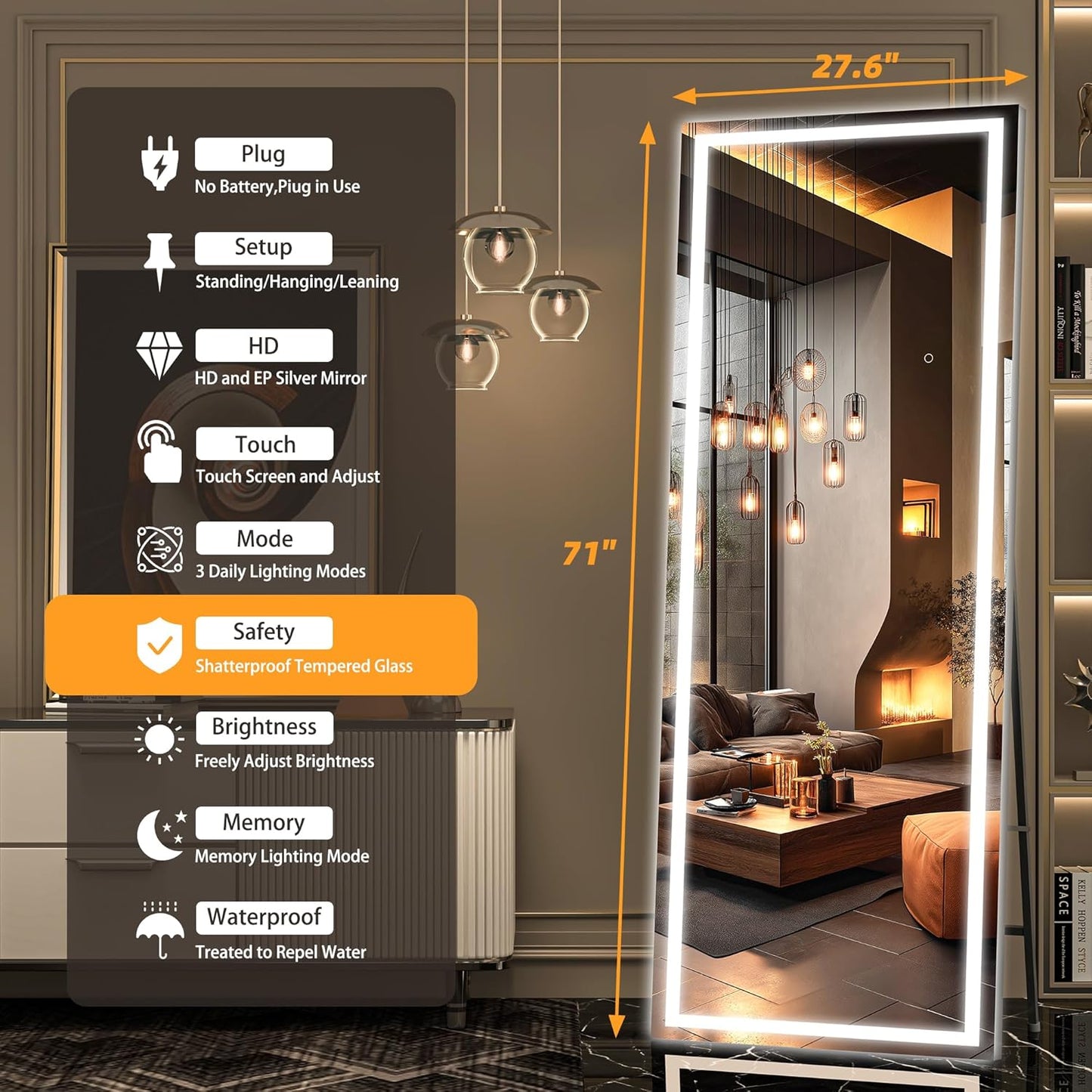 Hasipu Full Length Mirror with Lights, 71" x 27.6" LED Lighted Floor Standing Mirror, Full Body Dressing Hanging Mounted, Dimmable, Tempered Glass, Safe to Use, Square Black