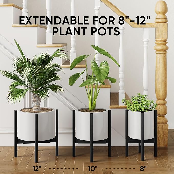 MUDEELA 14 Inch Tall Plant Stand for Indoor, Adjustable Width Bamboo Plant Stand for 8 9 10 11 12 Inches Pot, Single Tier Planter Holder Floor Stand, Mid Century Modern Style, Black, Without Pot
