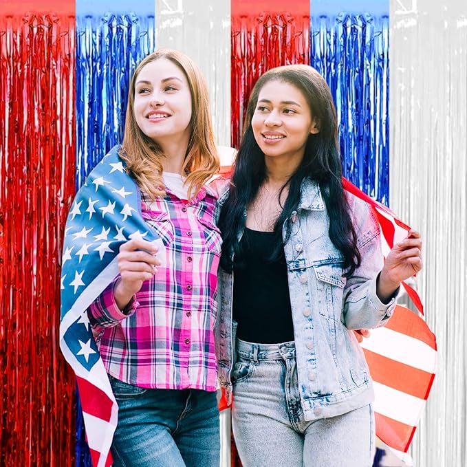 4 Pack Red Blue White Foil Fringe Curtain Backdrop, 3.28Ft x 9.8Ft Metallic Tinsel Foil Fringe Streamers Curtains for Photo Booth, Wedding, Mardi Gras, Birthday, Independence Day Party Decoration
