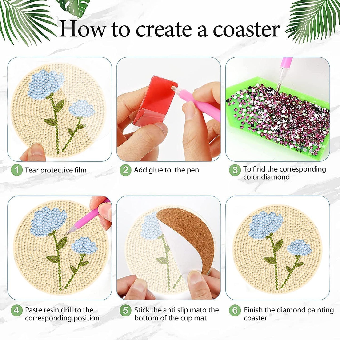 DOTSOPS Flowers Diamond Art Coaster with Holder 5D Diamond Painting Kits for Adults Round Full Drill Beginners Gem Dots Craft Arts Supplies Party Home Decor 8Pack