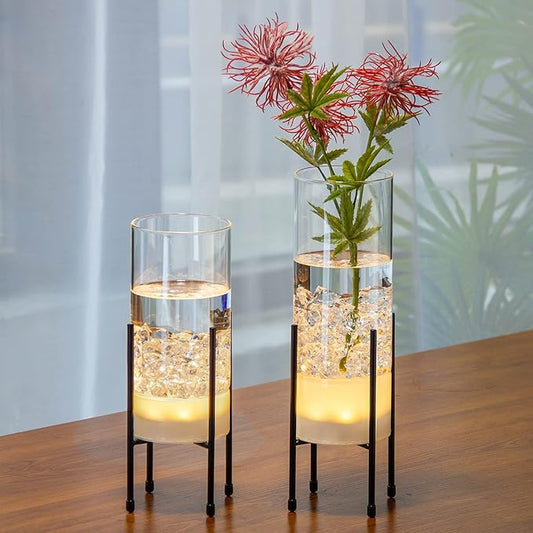 Flower Vase for Decor, for Flowers Plants, Clear Vase with Black Stand, Modern Decorative with Timer LED Lights Battery Operated,Centerpiece/Wedding/Party(Set of 2)