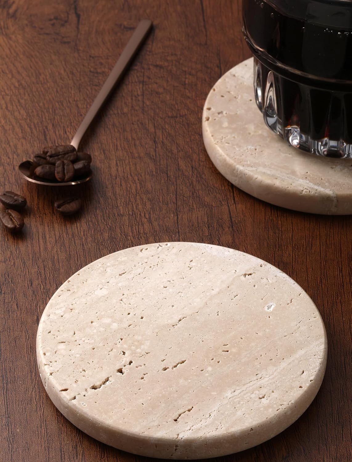 Beige Travertine Coasters Set of 4,Marble Absorbent Coasters 4 '',Ideal for Housewarming Gifts, Anniversaries, Office Decorations - Protects countertops - Sturdy and Durable, Beautiful and Generous