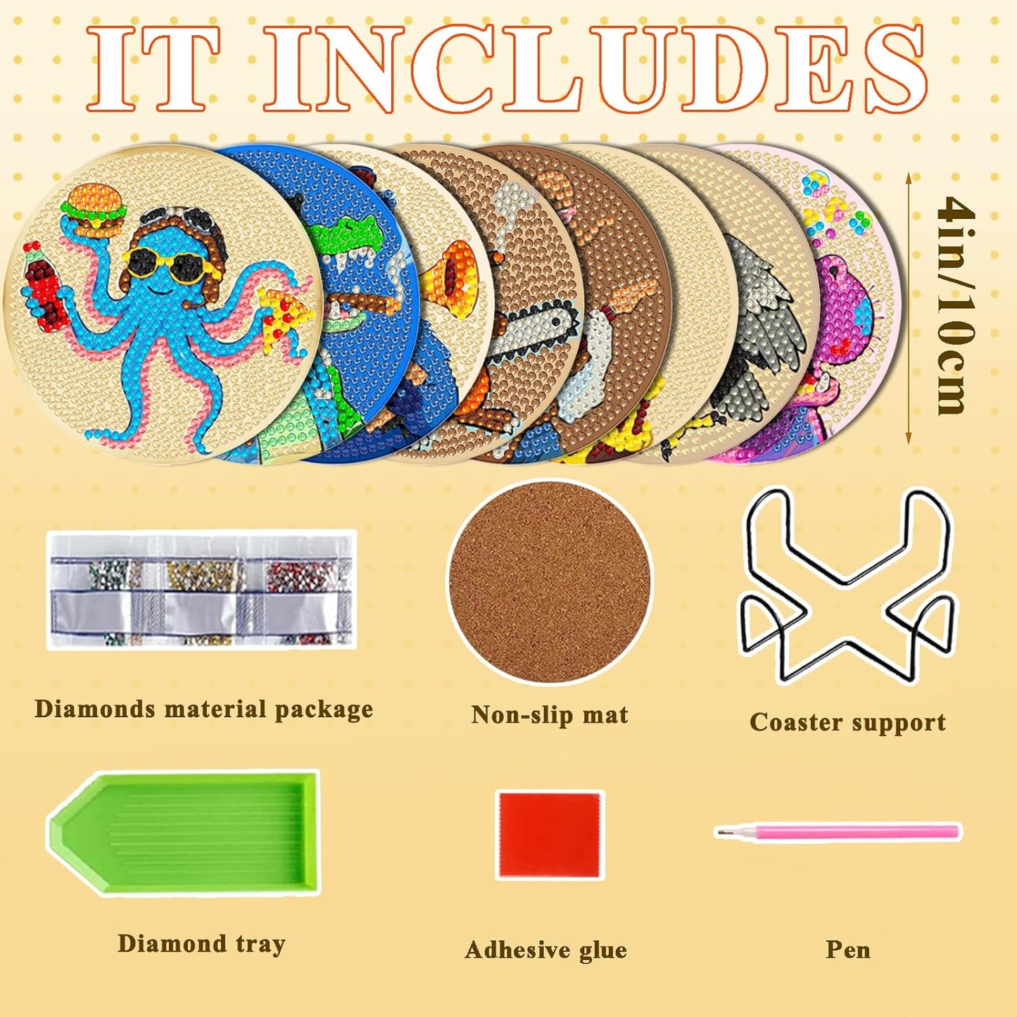 DOTSOPS Animal Diamond Painting Coaster with Holder 5D Diamond Art Kits for Adults Round Full Drill Beginners Gem Dots Craft Arts Supplies Party Home Decor 8pcs