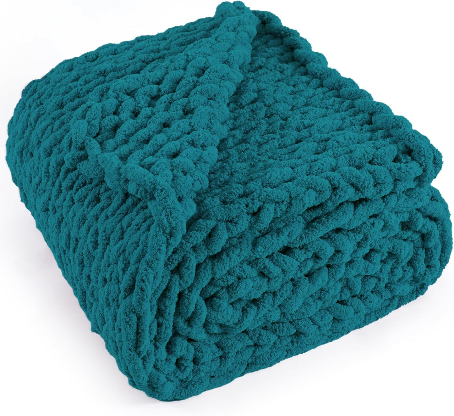Chunky Knit Throw Blanket 60"X 80", 100% Handmade with Soft Chenille Yarn, 6.7lbs Thick Cable Knitted Blankets, Large Rope Knot Crochet Throws for Couch Sofa Bed Home Decor, Teal