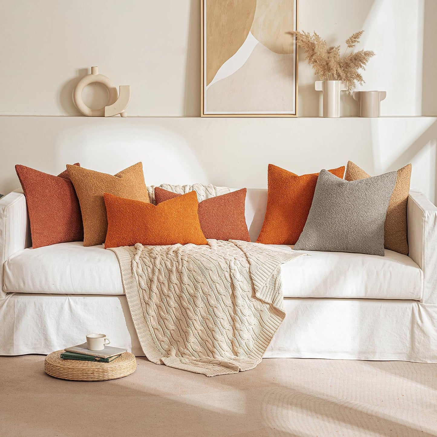 MIULEE 12x20 Inch Decorative Lumbar Throw Pillows for Bed Set of 2 Textured Boucle Neutral Winter Throw Pillow Covers Rust Accent Solid Pillowcases Sofa Livingroom Home Decor