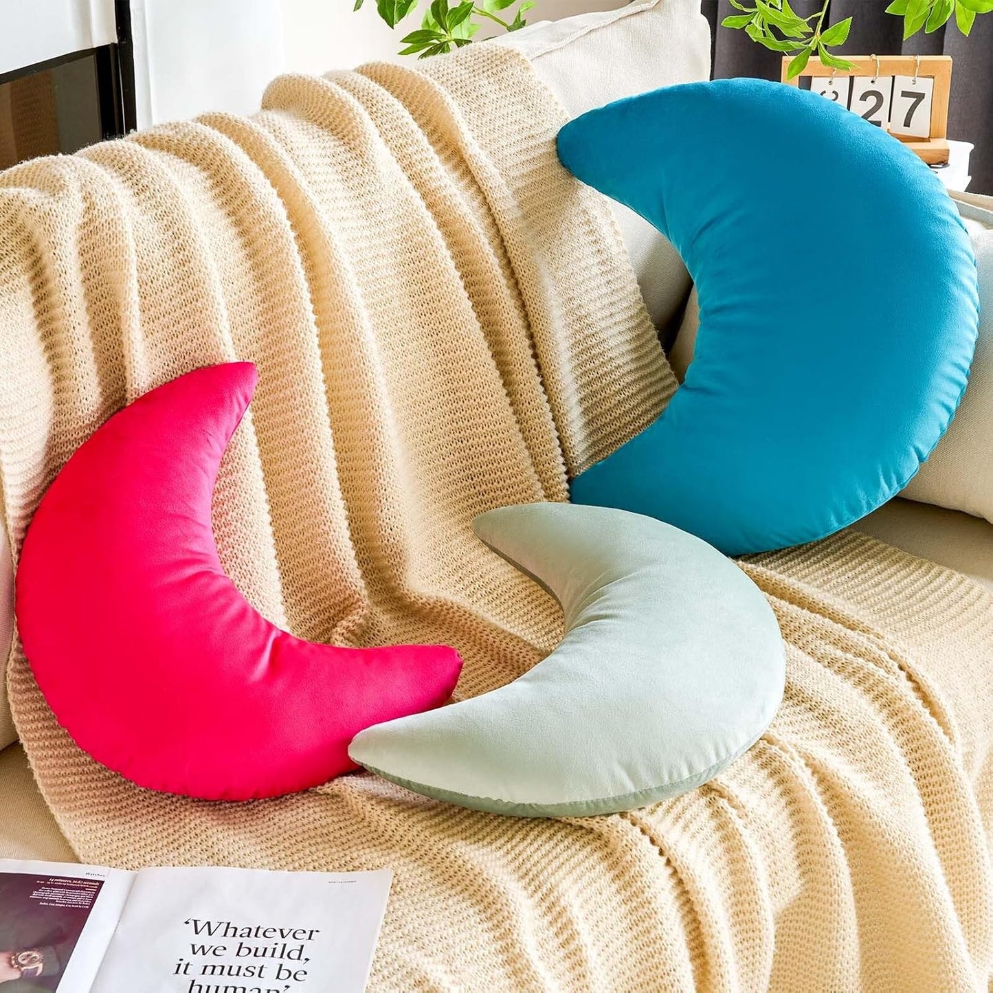 Hot Pink Moon Pillow, 14.9" Cute Soft Velvet Half Moon Shape Plush Decorative Throw Pillows Cushions Room Decor for Couch Bedroom Living Room
