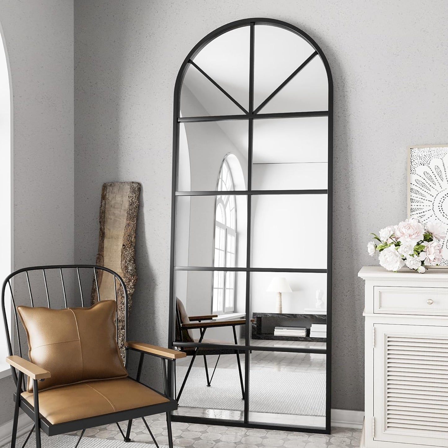 Full Length Mirror, Black Floor Mirror, 64"x21" Arched Window Pane Mirror, Oversize Wall Mirrors, Farmhouse Standing Mirrors with Aluminum Frame Hanging or Leaning for Living Room, No Stand