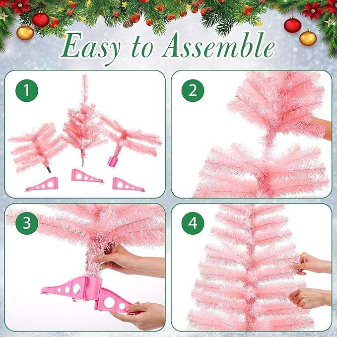 3Ft Artificial Christmas Tree Pink Tabletop Christmas Tree with Plastic Stand Mini Xmas Pine Tree for Indoor Outdoor Holiday Home Decoration