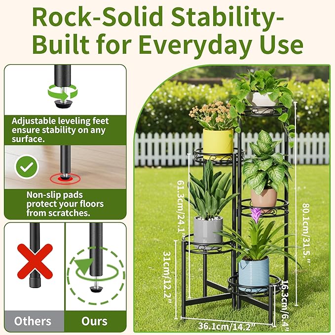 Metal Plant Stand Indoor Outdoor, 5 Tier 5 Potted Multiple Plant Shelf Stands, Wrought Iron Flower Holder Shelf, Folding Tall Rack Shelf for Patio, Balcony, Corner Living Room - BlackCircle