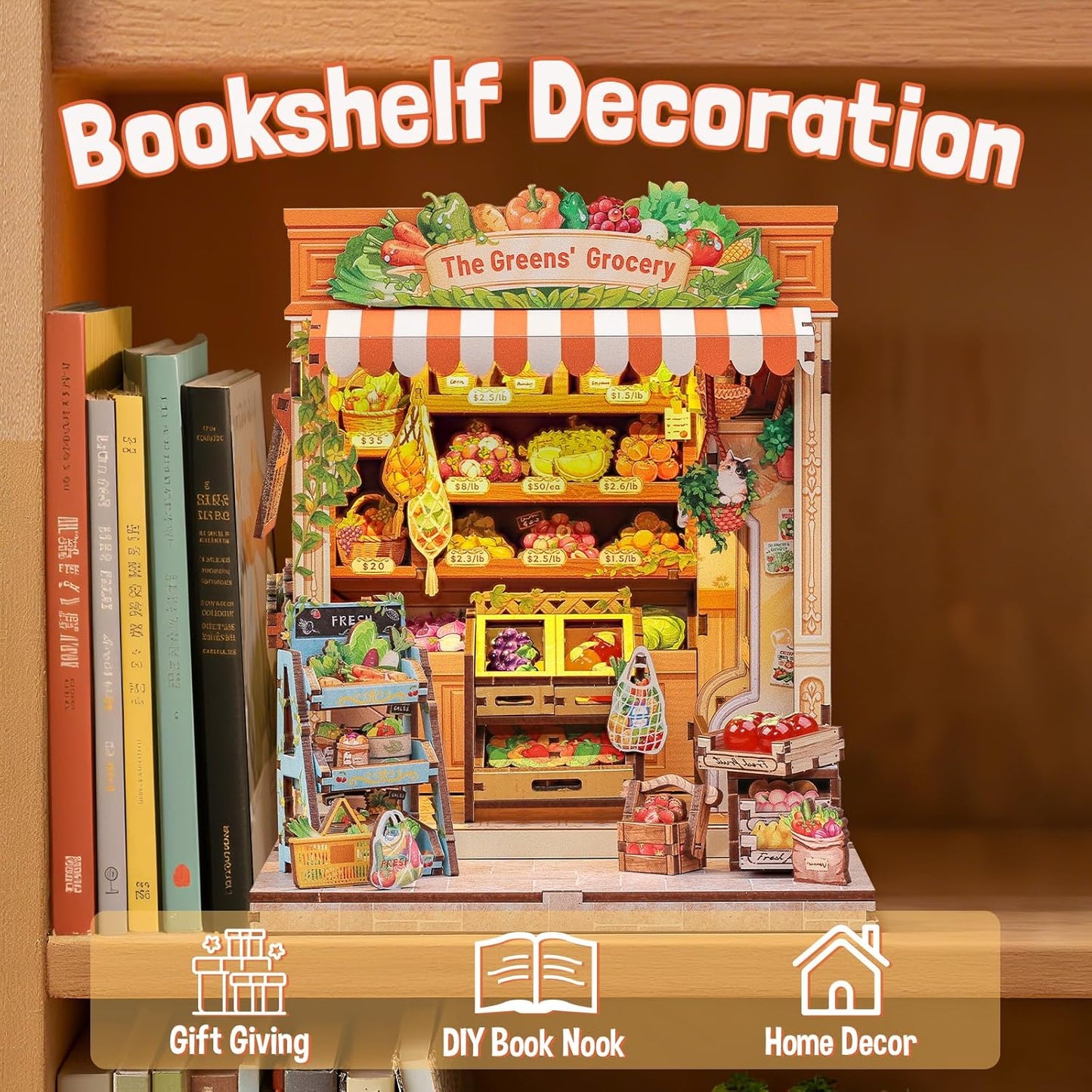 Fsolis Book Nook Kit - DIY Miniature House Kit for Adults Mini Scene House Tiny 3D Puzzles Bookshelf Diorama Decor Gifts for Women Teenagers Book Lovers (The Greens’ Grocery)