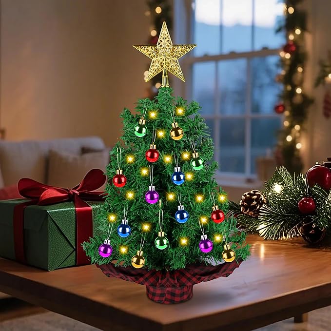 [ 8 Modes & Timer] 2 Ft Tabletop Christmas Tree with LED Lights, Mini Artificial Christmas Tree Battery Operated Small Xmas Tree with Ball & Star Topper for Indoor Home Office Holiday Party Decor