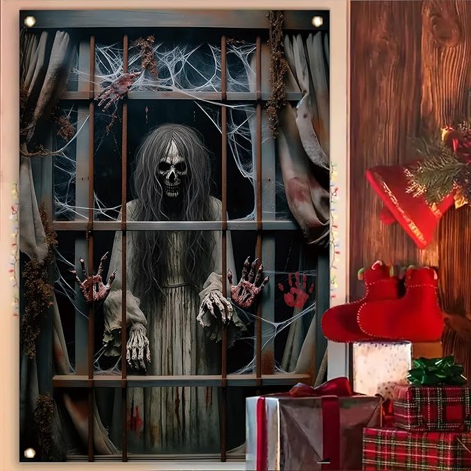 Window Cover Halloween 47x31 Inch Scary Skeleton Ghost Bloody Handprint Banner Creepy Window Decoration for Haunted House Indoor Outdoor Poster Porch Decor