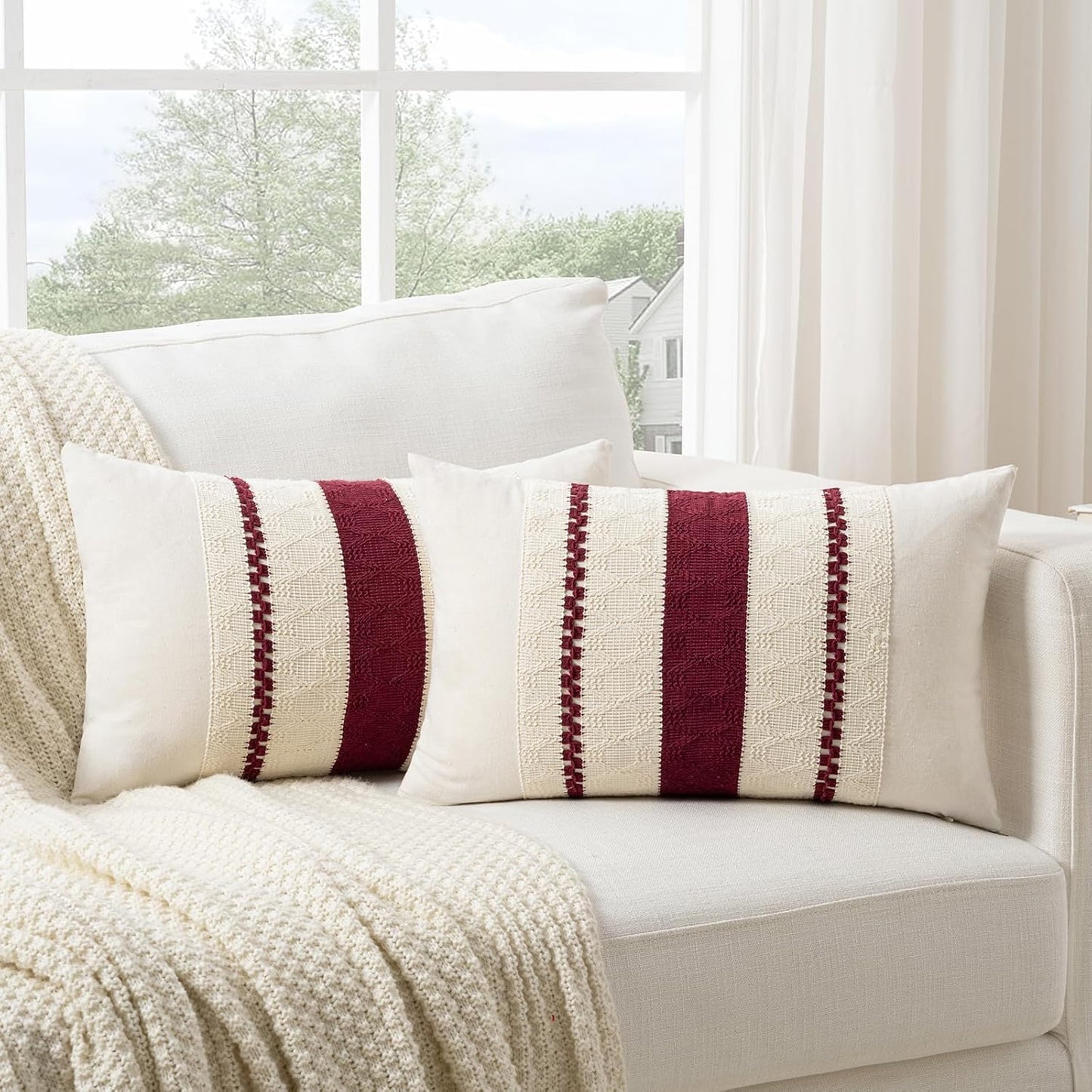 Fancy Homi Set of 1 Burgundy Boho Long Lumbar Decorative Throw Pillow Cover 12x20 Inch for Couch Bed Sofa, Aesthetic Modern Farmhouse Christmas Room Decor, Soft Cotton Cute Wind Red Cushion Case