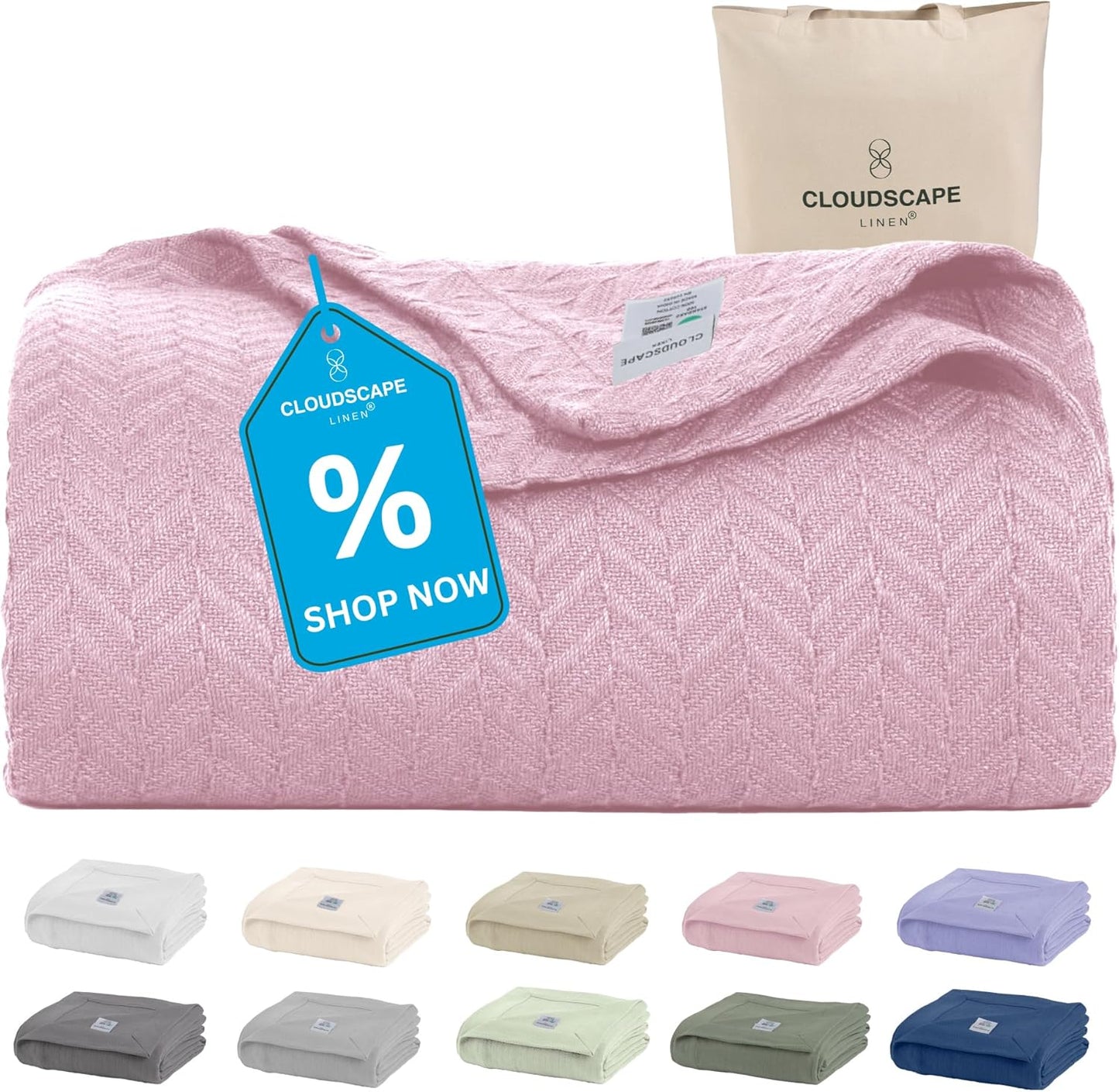 Cloud Scape Linen 100% Cotton Blanket Queen Size - Lightweight All Season & Breathable Blanket, Herringbone Weave, Best Gift for Women, Mom, Men,fits Full Size Bed, 92x92, Seashell Pink